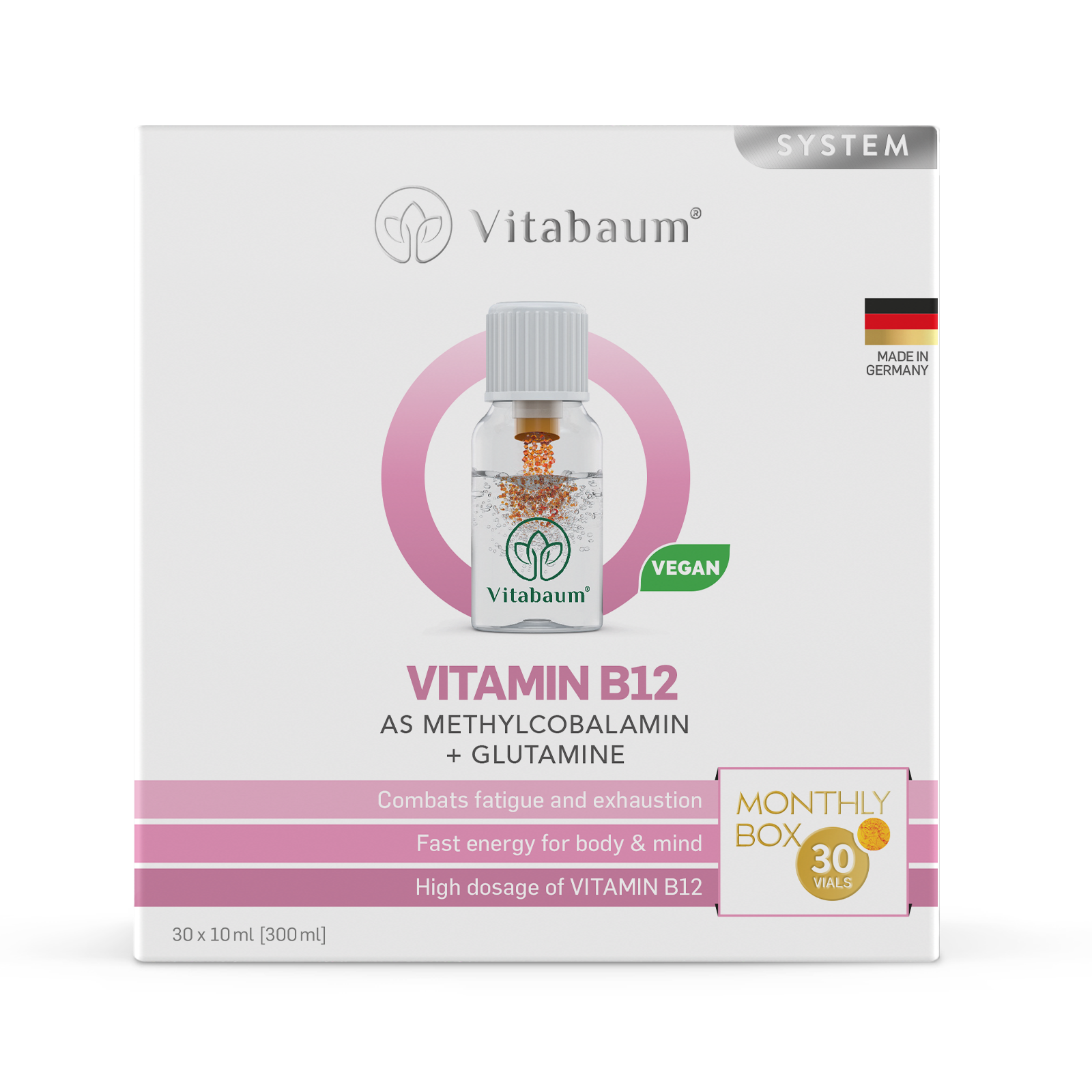 B12 Pure - as Methylcobalamin + Glutamine - Monthly supply - pack of 30 vials - 10ml - Vitabaum®