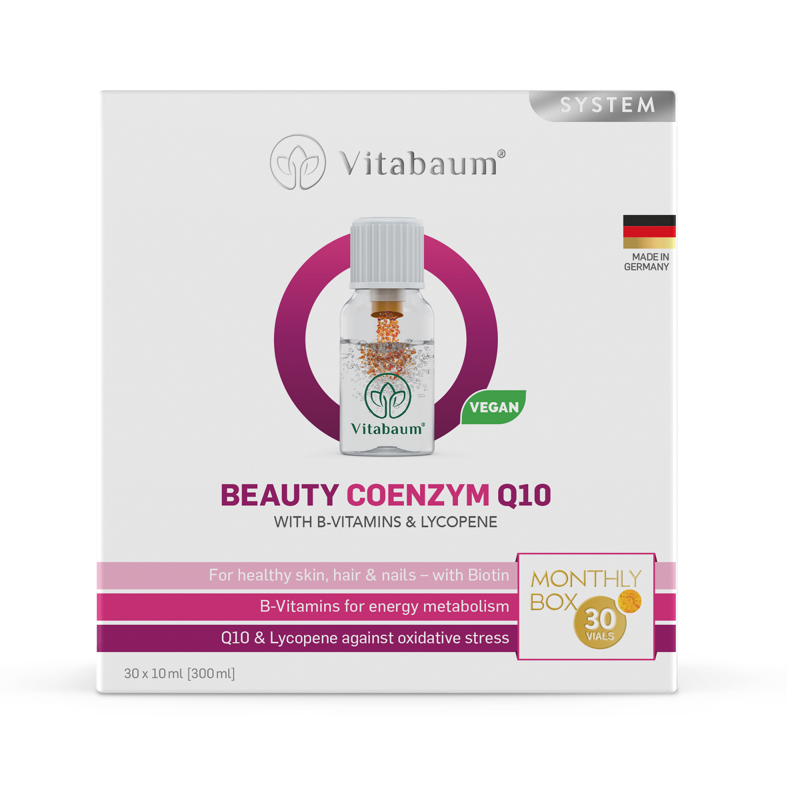 Coenzyme Q10 with 5 B-Vitamins & Lycopene - Monthly supply - pack of 30 vials - 10ml - Vitabaum®