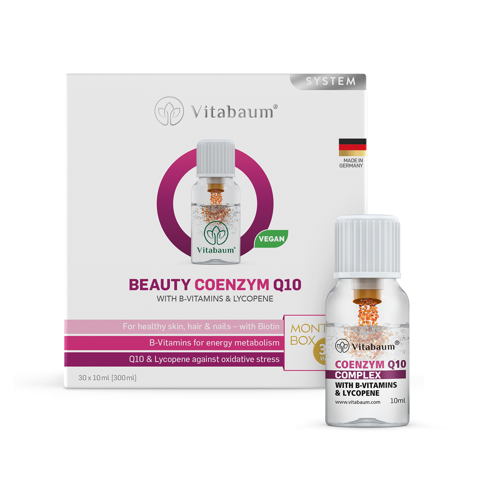 Coenzyme Q10 with 5 B-Vitamins & Lycopene - Monthly supply - pack of 30 vials - 10ml - Vitabaum®